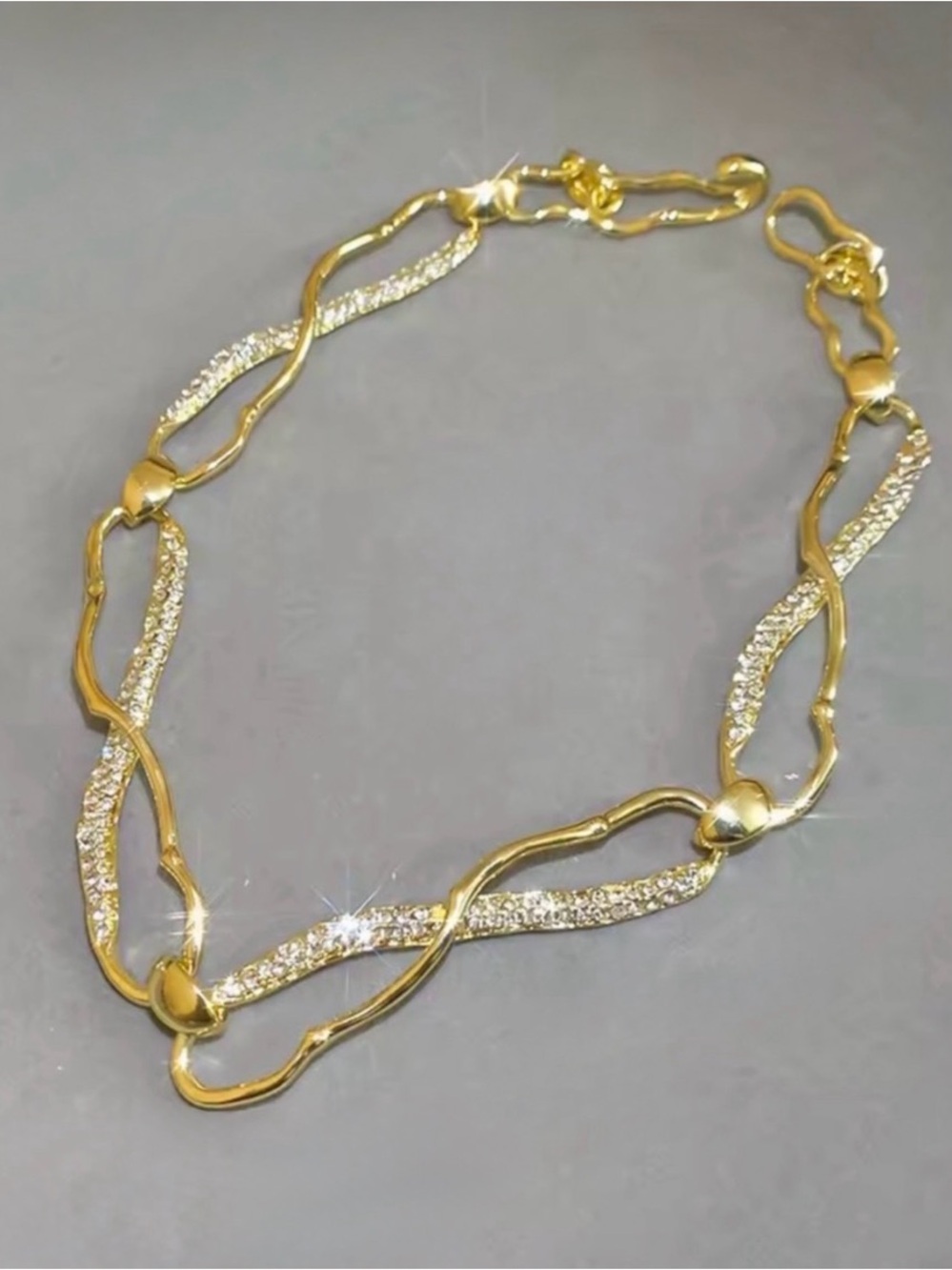 NEW Infinity Link Collar Chain Necklace Molten Metal Gold Clear C Z SB01